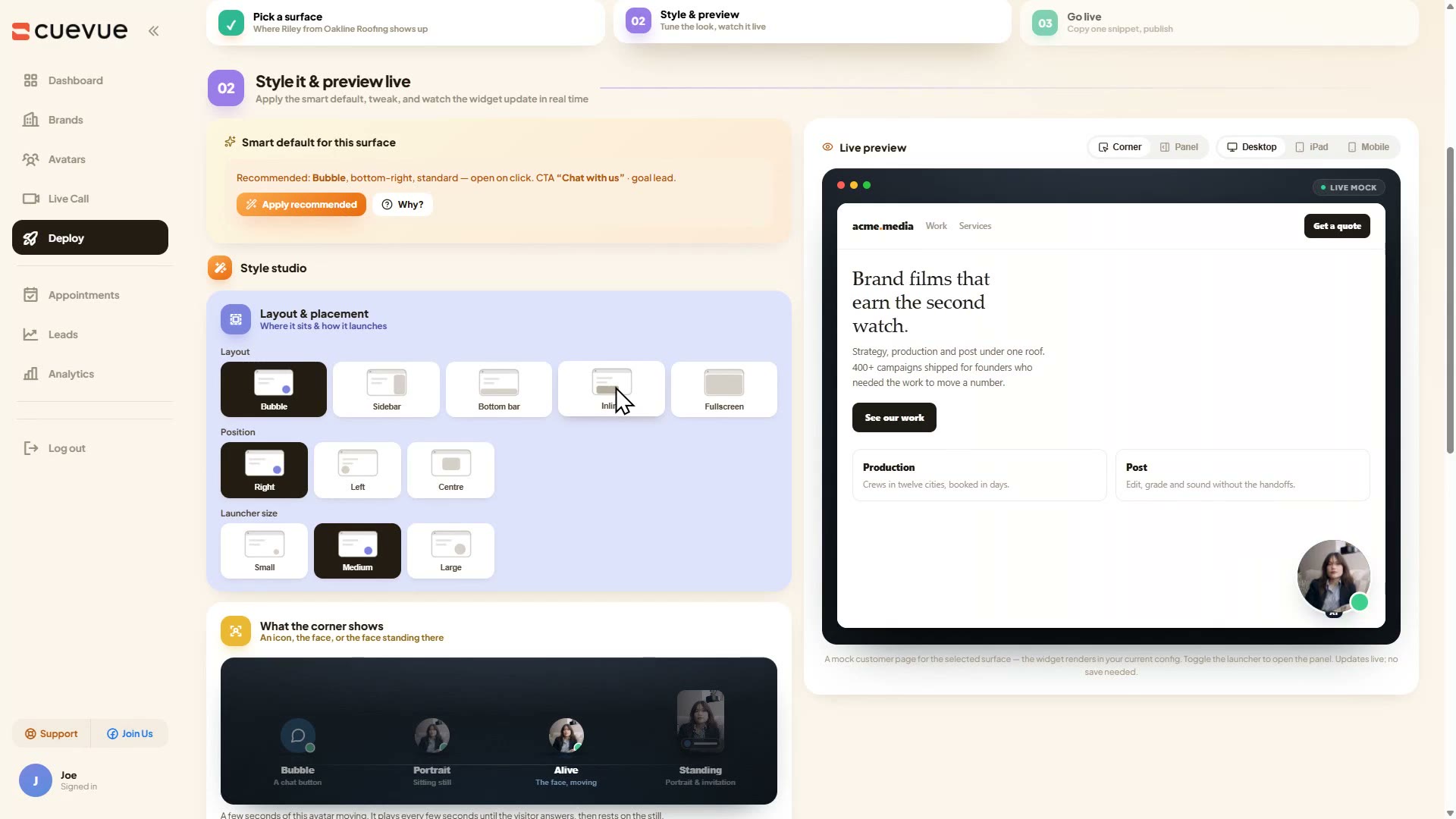 The style studio with the Alive launcher and the live preview