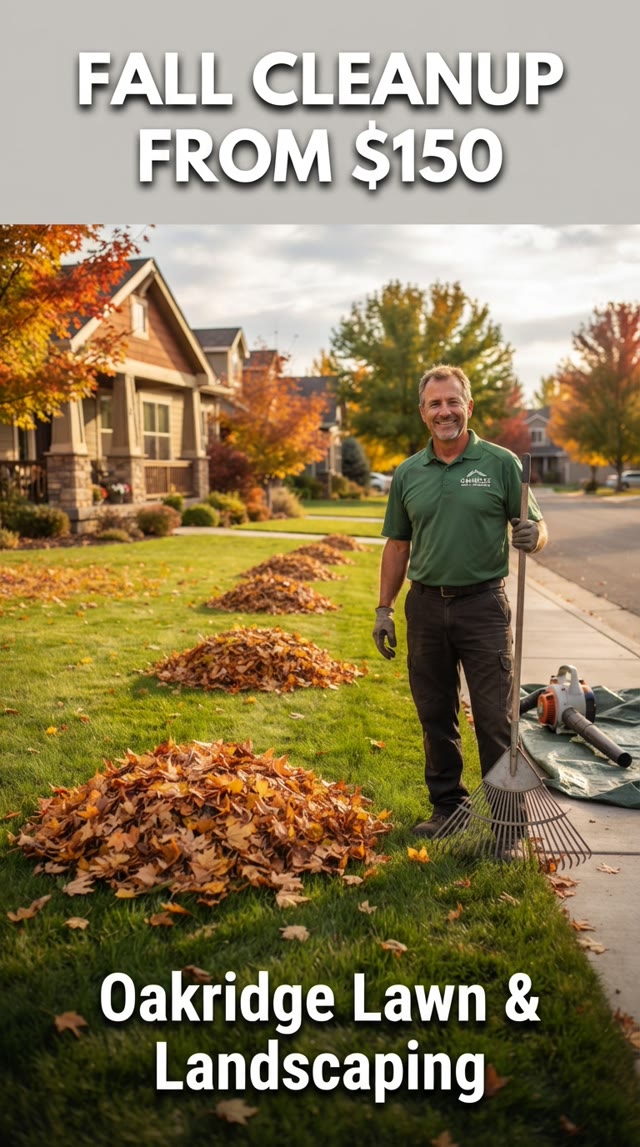 The Facebook ad image FableFox AI generated: Fall cleanup from $150, Oakridge Lawn and Landscaping