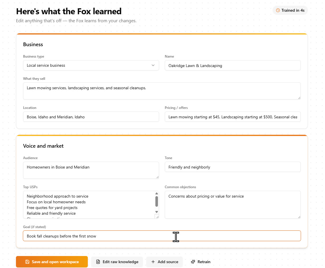 The brand profile FableFox AI built for Oakridge with pricing, location, tone and objections
