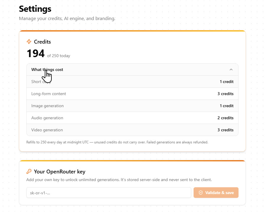 The FableFox AI settings page with the credit price list and the OpenRouter key field