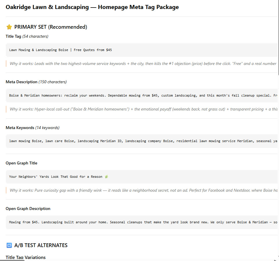 The homepage meta tag package FableFox AI wrote for Oakridge