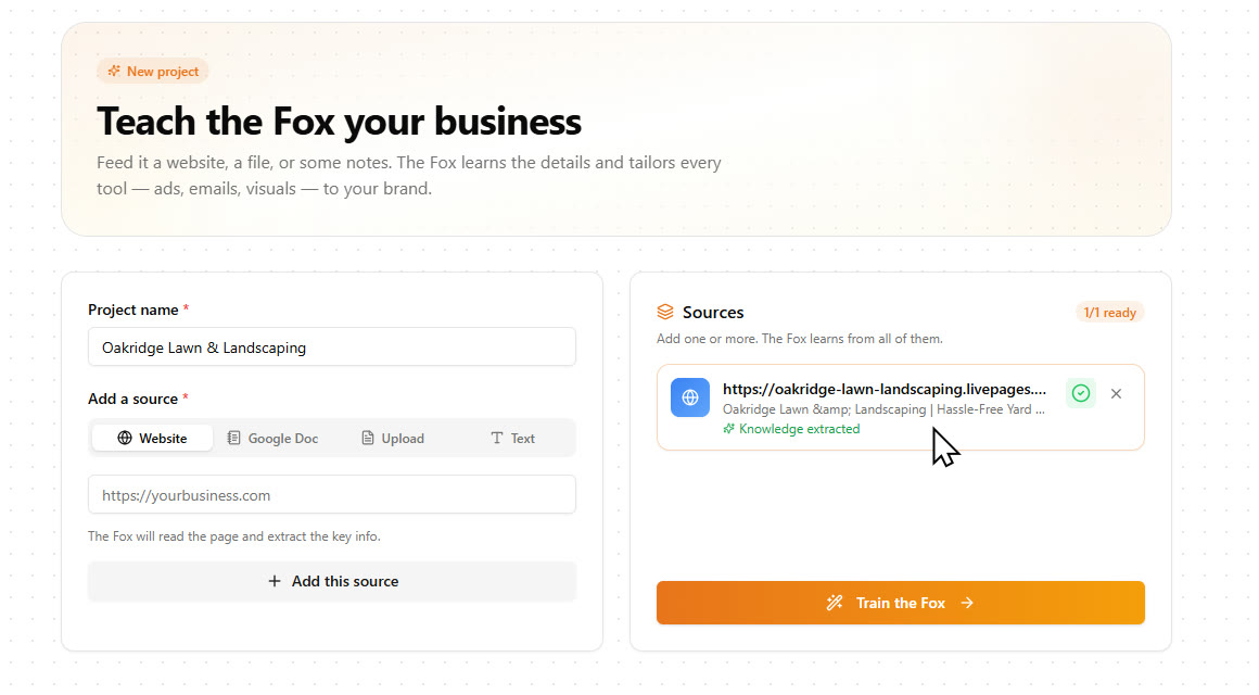 The Teach the Fox your business screen with the Oakridge link added as a source