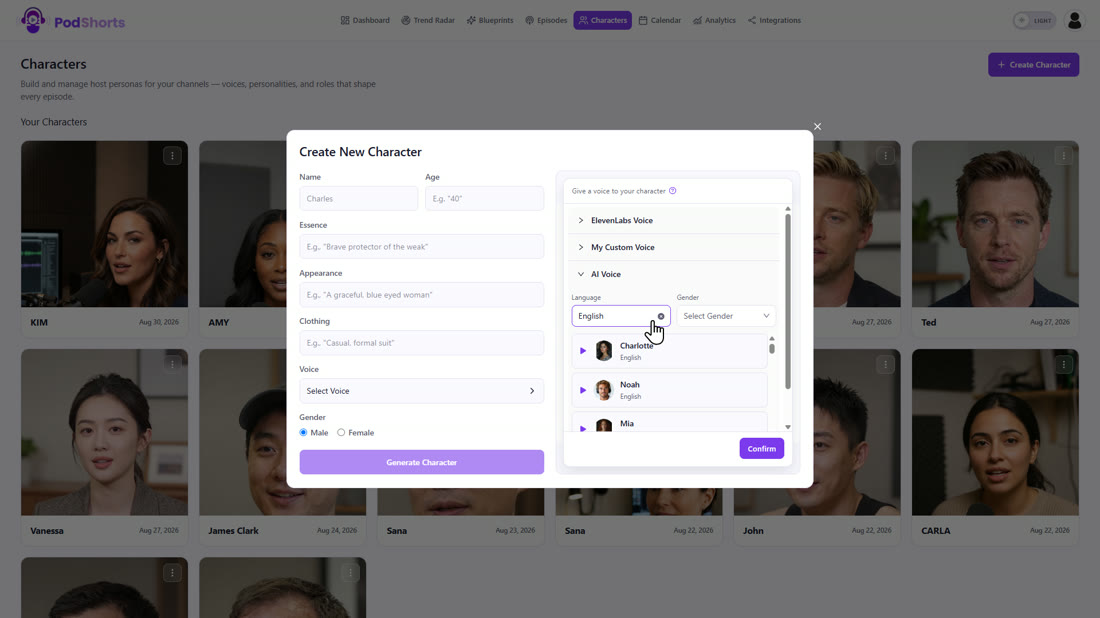 The built in AI voice list filtered to English