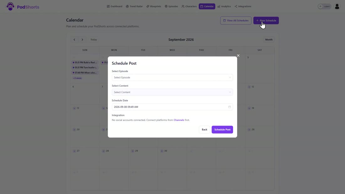 The Calendar with the Schedule Post dialog open