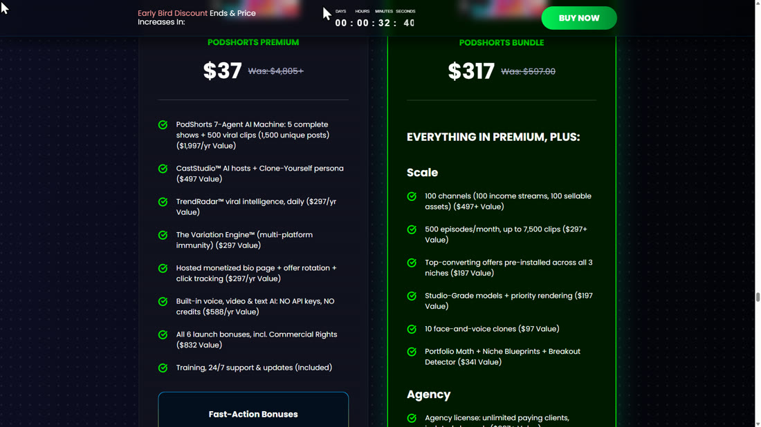 The two pricing columns on the PodShorts sales page