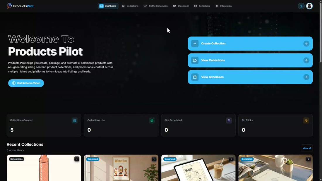The ProductsPilot dashboard after login