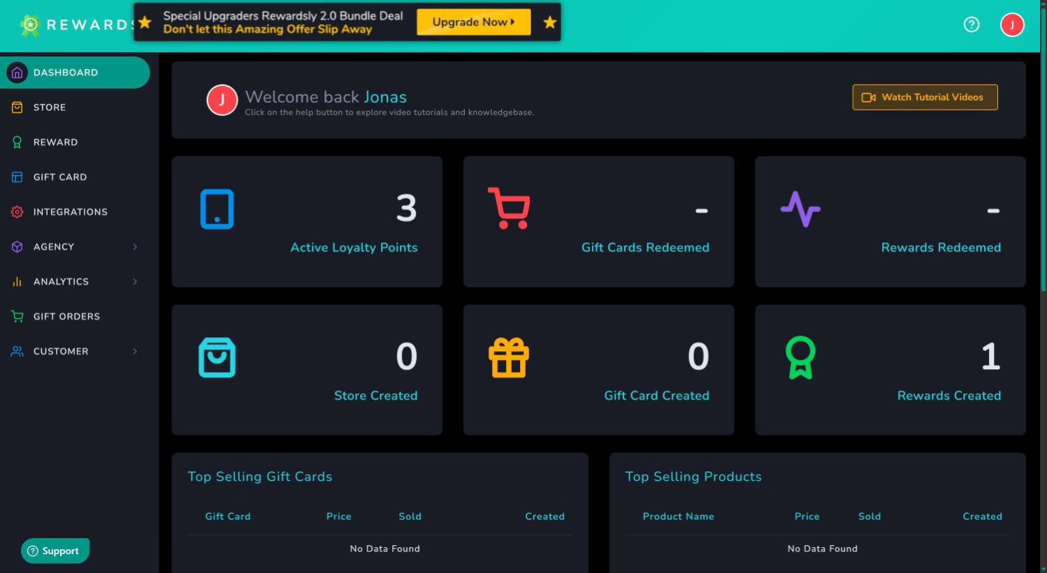 The Rewardsly dashboard showing loyalty and gift-card stats